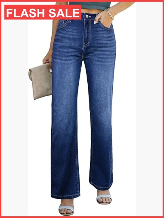 Denim - High Waisted Wide Leg Jeans Straight Leg Denim Pants with Pockets